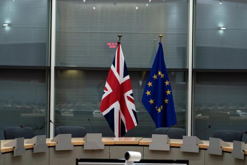British Union Jack and EU flags are pictured before the meeting with Britain's Brexit Secretary Stephen Barclay and European Union's chief Brexit negotiator Michel Barnier at the EU Commission headquarters in Brussels, Belgium, September 20, 2019. Kenzo Tribouillard/Pool via REUTERS - RC11CD6EA940