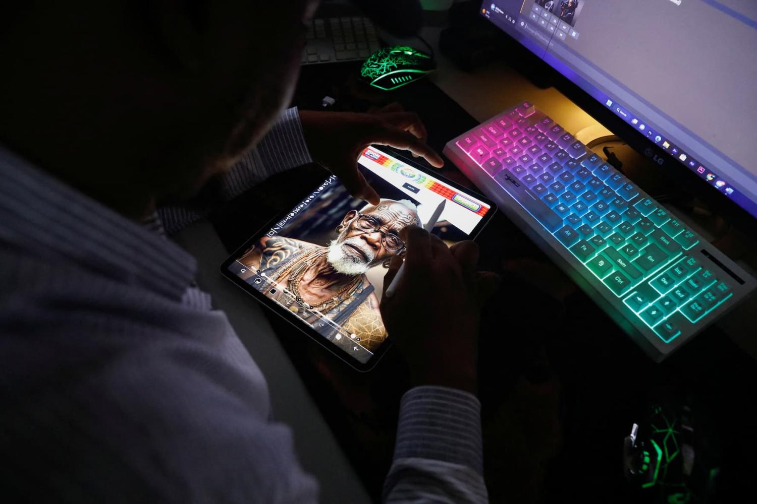 Nigerian artist Malik Afegbua creates hyper-realistic pictures of African elderly people, using artificial intelligence, at his home in Lagos, Nigeria January 25, 2023.