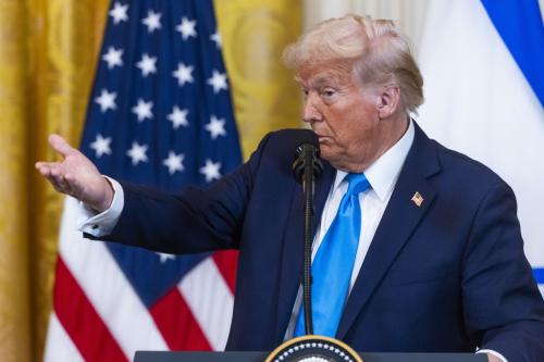U.S. President Donald Trump speaks at a press conference with Israeli Prime Minister Benjamin Netanyahu (not pictured) in the East Room of the White House in Washington, DC where he said that the he wants the U.S. to take an ‘ownership position’ of Gaza, 04 February 2025.