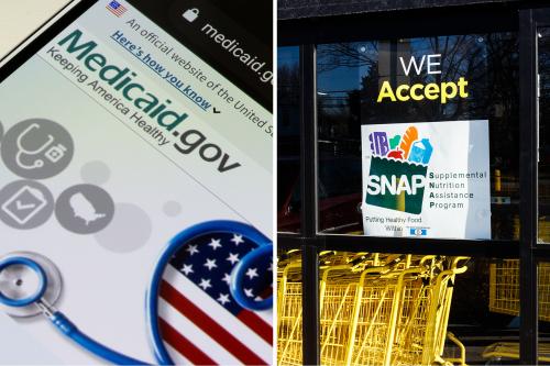 left photo: Medicaid.gov website homepage on mobile. Right photo: sign on grocery store window with SNAP logo which reads "We accept SNAP." Yellow grocery carts lined up below the sign