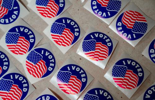 Stickers are lined on a table for voters at the American Legion Post 53 polling location during the Wisconsin Supreme Court election in Eau Claire, Wisconsin, U.S., April 1, 2025.