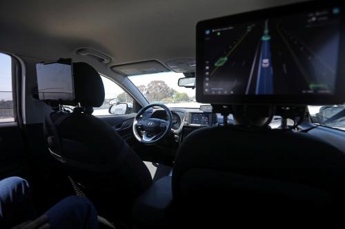 An empty driver's seat is seen inside a vehicle equipped with Pony.ai's self-driving technology during a demonstration in Fremont, California, on June 17, 2021.