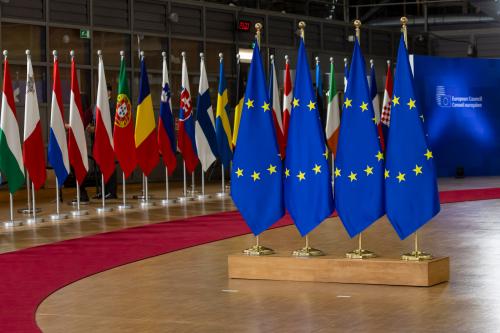 EU flags from the member states and the flag of Europe on poles in Europa Building during the European Council summit, the meeting of the European leaders. Brussels, Belgium, on March 20, 2025.