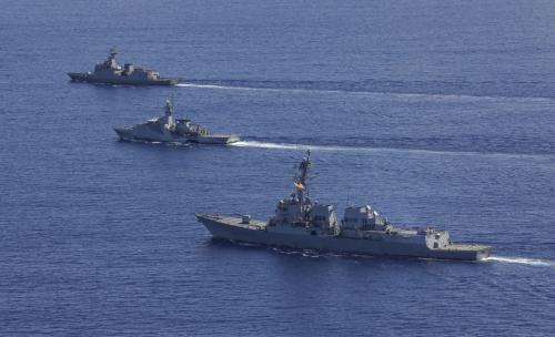 The Arleigh Burke-class guided-missile destroyer USS Dewey (DDG 105), near, Royal Navy offshore patrol vessel HMS Spey (P 234), center, and Philippine Navy guided-missile frigate BRP Antonio Luna (FF 151) steam in formation while participating in a photo exercise in the Philippine Sea as part of Maritime Training Activity Sama Sama, Oct. 8, 2023.