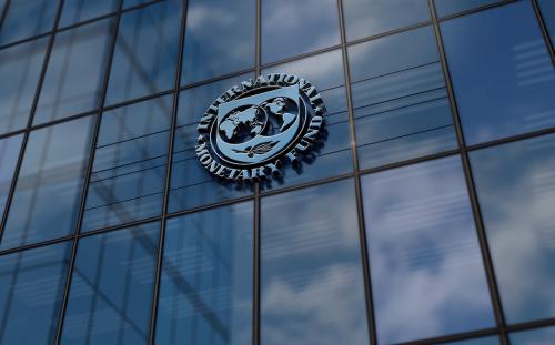 Washington, D.C., USA, March 10, 2023: International Monetary Fund headquarters glass building concept. IMF United Nations financial agency symbol on front facade 3d illustration.
